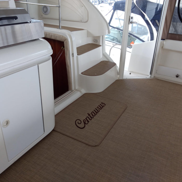 Embroidery on Matworks Duraweave Marine Vinyl Flooring for Boat Cockpit Replacement or Marine Boarding Mats - Matworks
