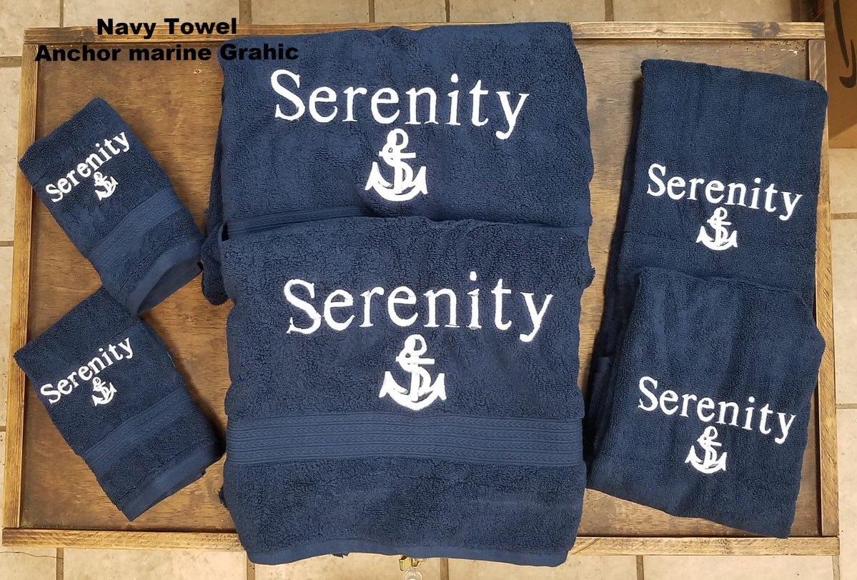 Nautical Embroidered Bath Towel Set - Or Individual - Sea Gull - Blue